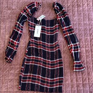 Likely Navy and Red Plaid Long-Sleeve Mini Dress Size 0
